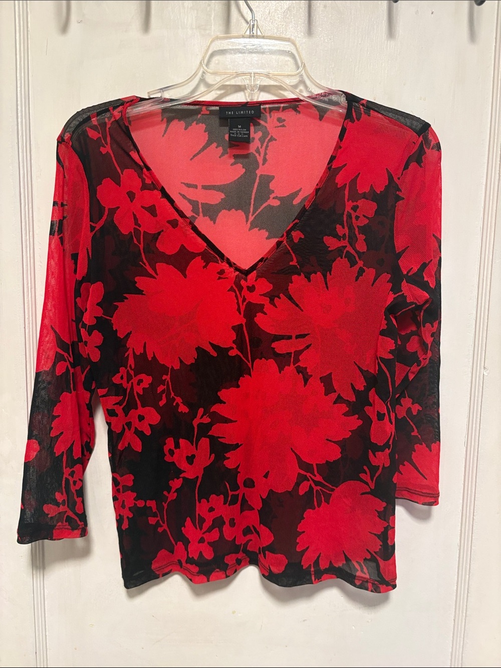 The Limited 90s Red And Black Floral Sheer V-Neck 3/4 Sleeve Top Medium